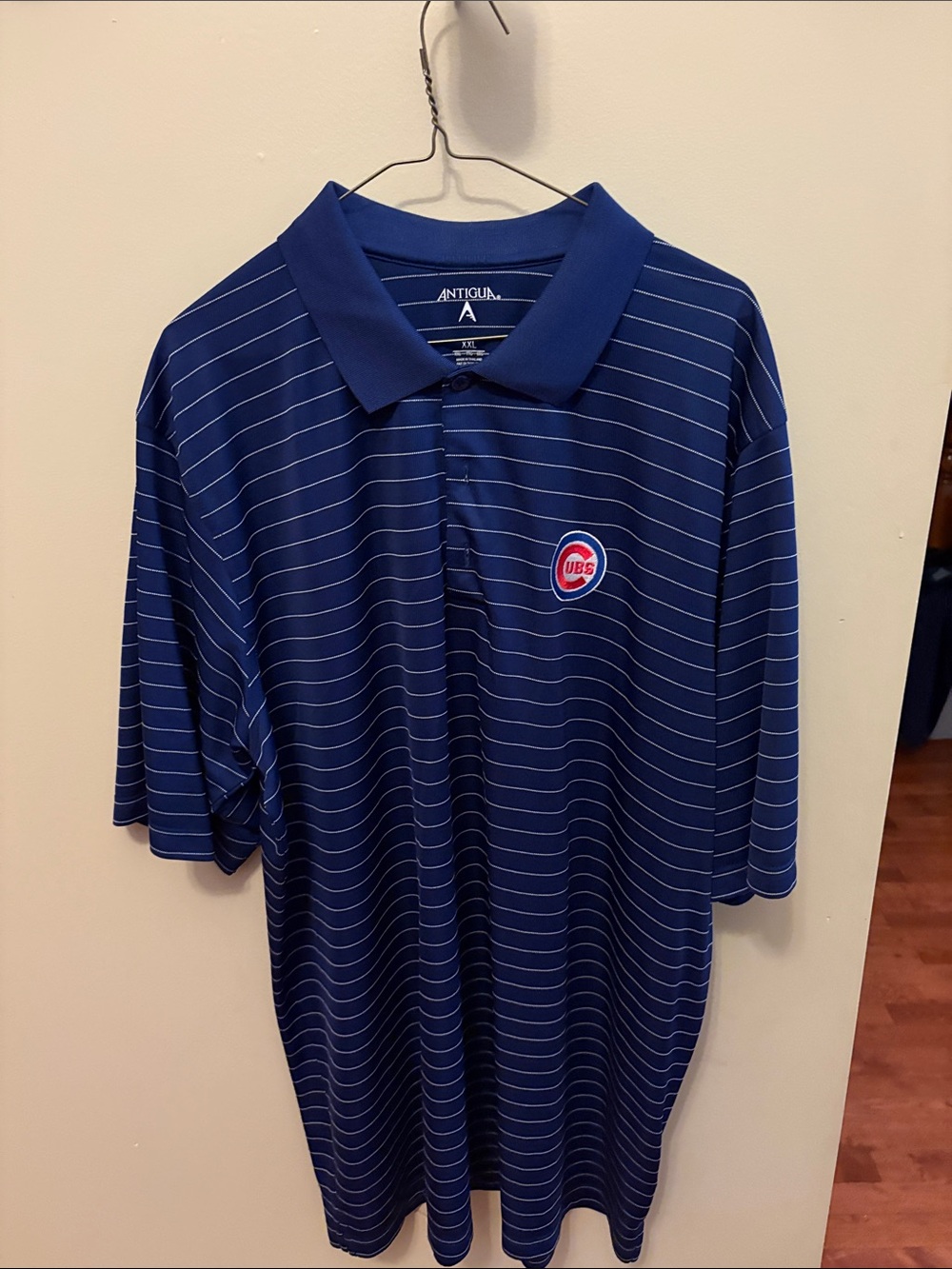 Antigua Navy Blue Striped Chicago Cubs Logo Polo